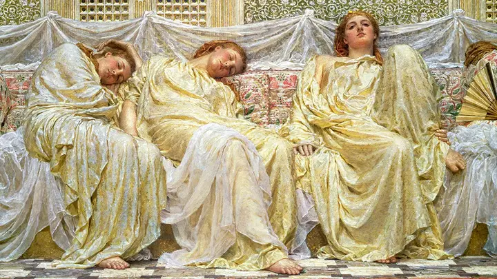 An old painting of three women, two sleeping, one awake and looking at us